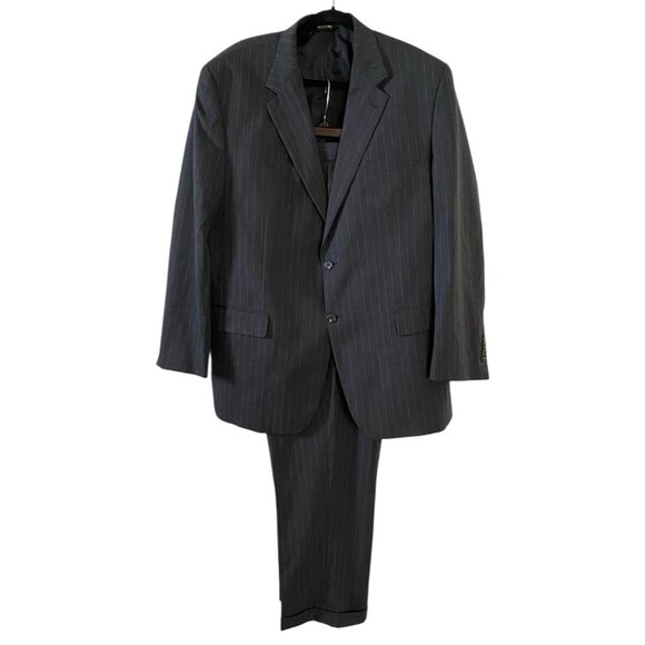 Chaps Mens 2 Piece Gray Pinstriped Suit Sz 46L Jacket 40 x 32 Pleated & Cuffed - Picture 1 of 16